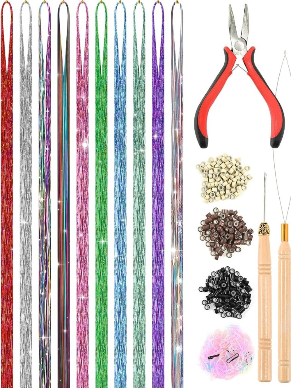 12 Color 48" Hair Tinsel Kit, 3600 Strands Heat Resistant with Tool
